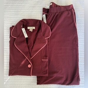 NWT Madewell Knit Bedtime Pajama Set, Dark Cabernet w/ Pink Trim, Size S
